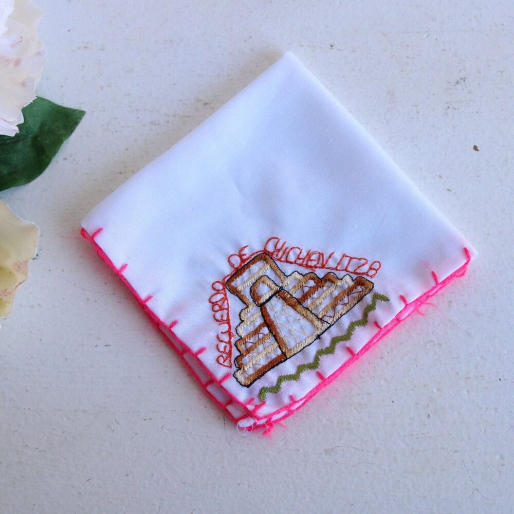 Vintage Handkerchief,  Chichen Itza Mayan Mexico Souvenir, Embroidered Cotton
